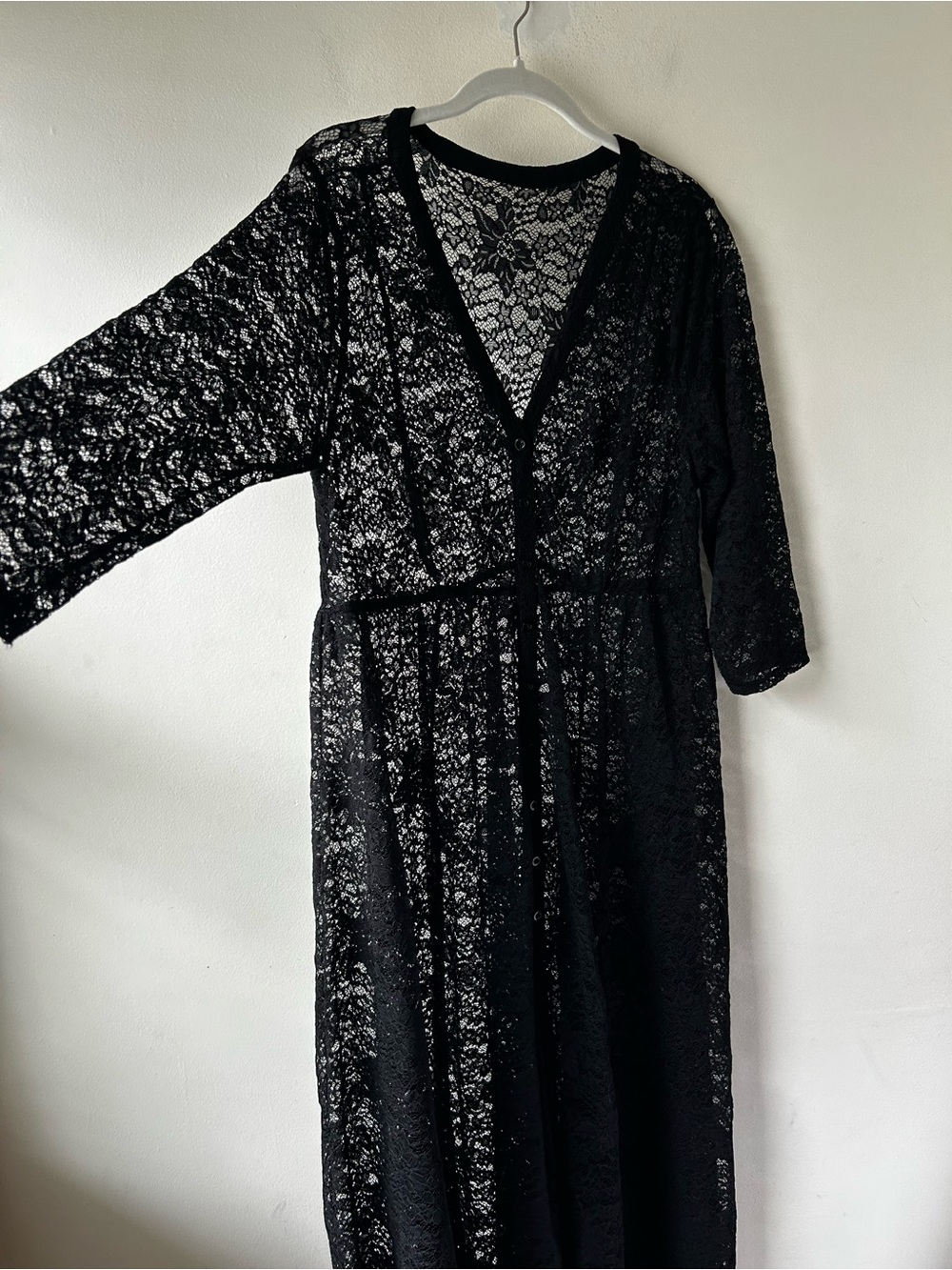 Whimisgoth Boho Romantic Floral Sheer Lace Maxi Shirt Dress Kimono Black M